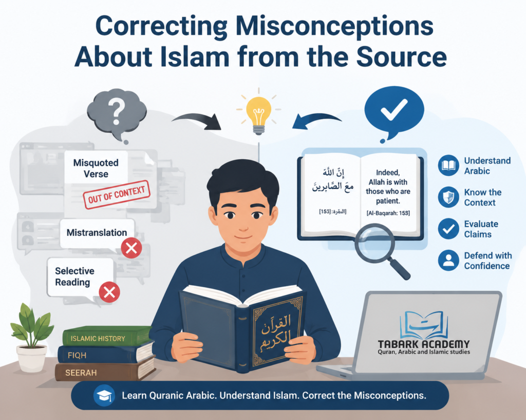 The Importance of the Arabic Language in Islam - 10 Reasons Every Muslim Should Learn It 3 An illustration of a student reading the Quran, learning to correct misconceptions about Islam by understanding Arabic and context, with books on Islamic History, Fiqh, and Seerah visible alongside a Tabarak Academy laptop.