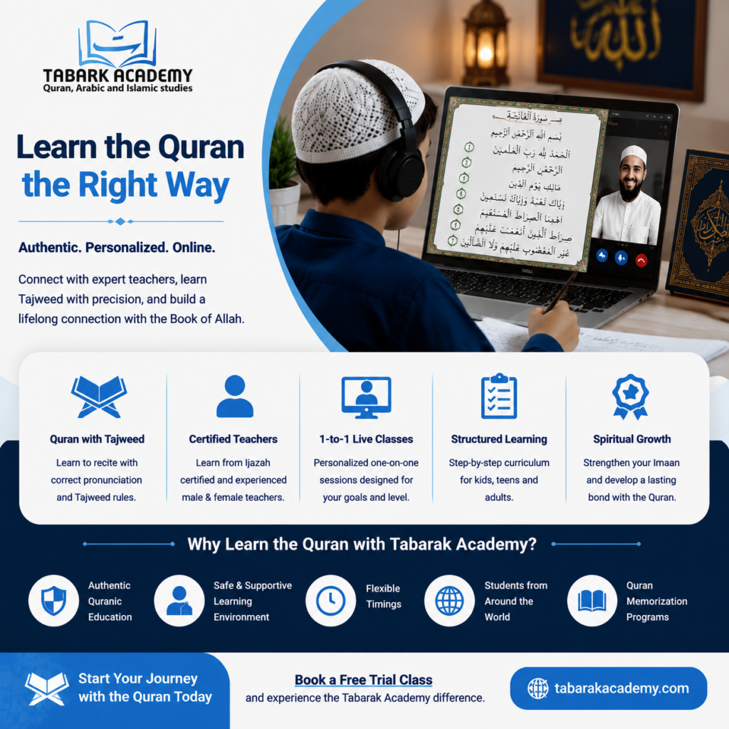 7 Types of Qirat in the Quran - Meaning, History, And Complete Guide 4 Tabarak Academy infographic promoting online live 1-to-1 Quran classes with certified teachers, featuring a student learning Tajweed on a laptop